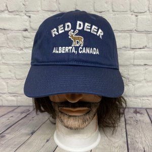 Vintage Hat Cap Strap Back Navy Blue Red Deer Alberta Canada Embroidered Y2K